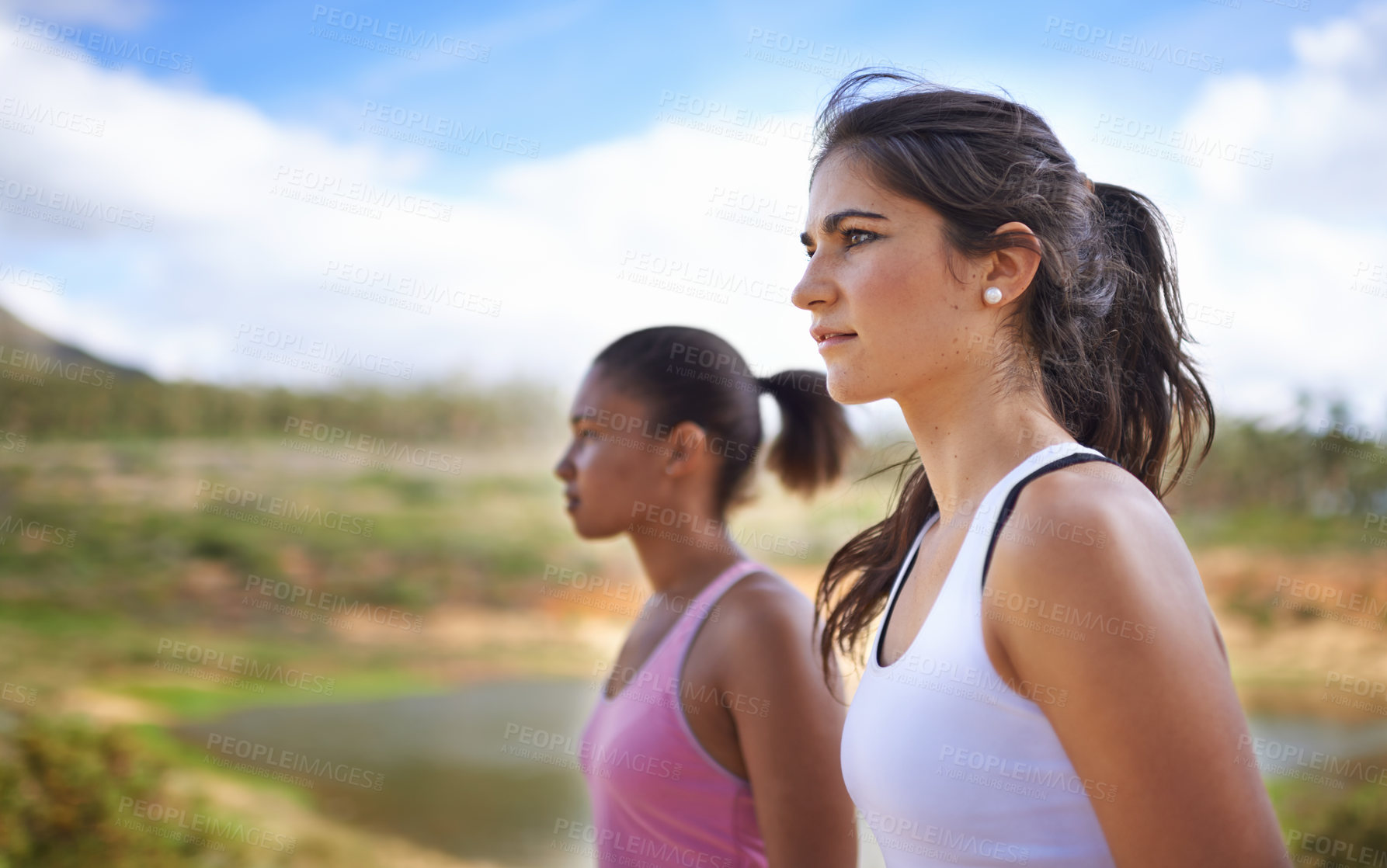 Buy stock photo Woman, friends and nature hiking for adventure workout, explore or fitness. Female people, forest and training wellness for outdoor physical activity in countryside for trail running, cardio or calm