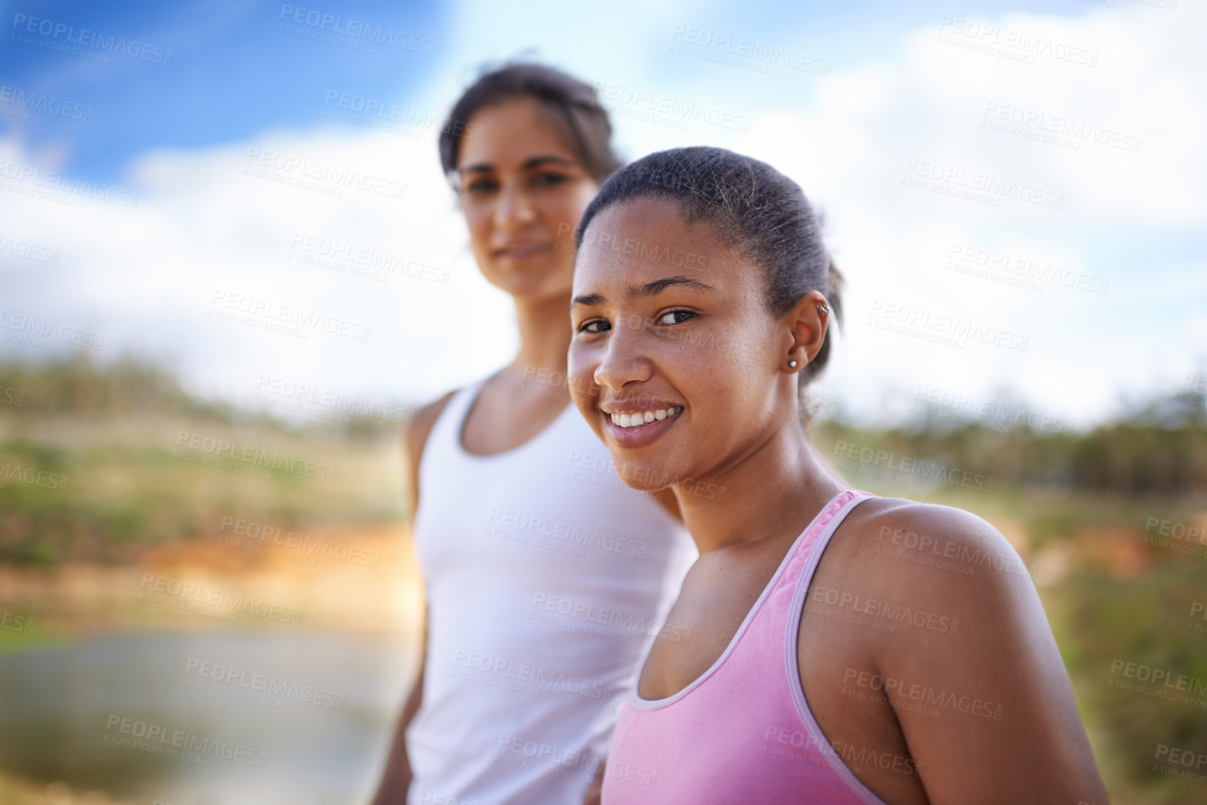 Buy stock photo Woman, friends and portrait for hiking adventure or park workout, explore or fitness. Female people, face and forest lake for outdoor physical activity in countryside for running, cardio or journey