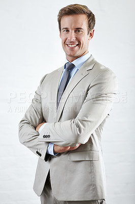 Buy stock photo Portrait, happy and business man with arms crossed for pride in corporate career. Smile, confident professional lawyer and attorney worker in suit isolated on a white studio background in Australia