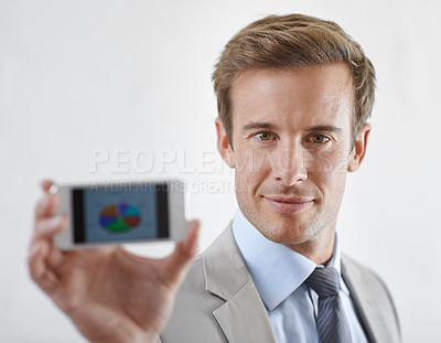 Buy stock photo Business man, phone screen and statistics, pie chart or data for financial report, revenue and stock market. Portrait of corporate accountant on mobile for trading or sales on a white wall background