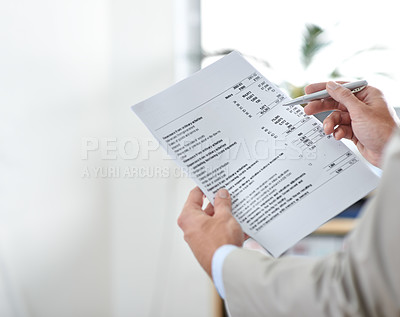 Buy stock photo Hands, financial document and accountant in business for asset management, income or investment. Paperwork, auditor and closeup of professional with pen for information, profit or mockup in office