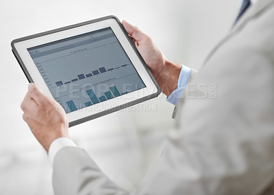 Buy stock photo Closeup, business and man with a tablet, screen and finance planning with charts, budget and investment. Male person, accountant and employee with profit growth, analysis and technology at the office