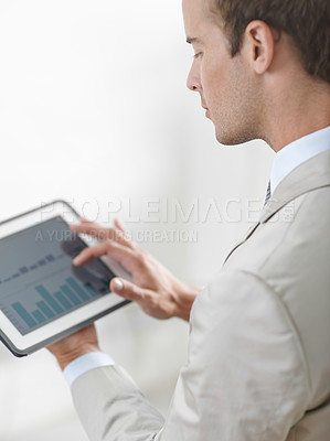Buy stock photo Business man, tablet screen and graphs, charts or data analysis for financial report, increase in revenue or profit. Professional trader or auditor with account management and digital statistics