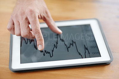 Buy stock photo Business hands, tablet screen and data analytics, statistics or graphs for financial report, increase in revenue or profit. Trader or person with online investment, digital stock market and trading