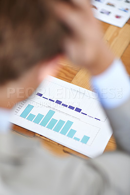 Buy stock photo Business person, stress with documents and data analysis, graphs or charts for financial debt or mistake. Accountant, auditor or trader confused for statistics, sales or stock market crash or fail