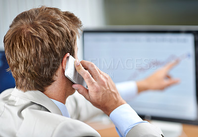 Buy stock photo Business man, phone call and trading on computer screen with data analytics, statistics or financial report advice. Trader or accountant talking on mobile for stock market investment or accounting