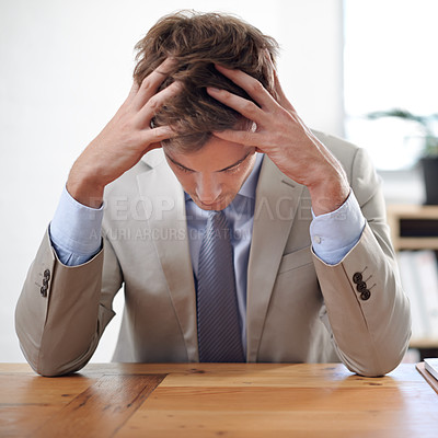 Buy stock photo Businessman, stress and overwhelmed in office, mental health and bankrupt or financial crisis. Male person, professional and frustrated in workplace, deadline and depression or mistake and fail