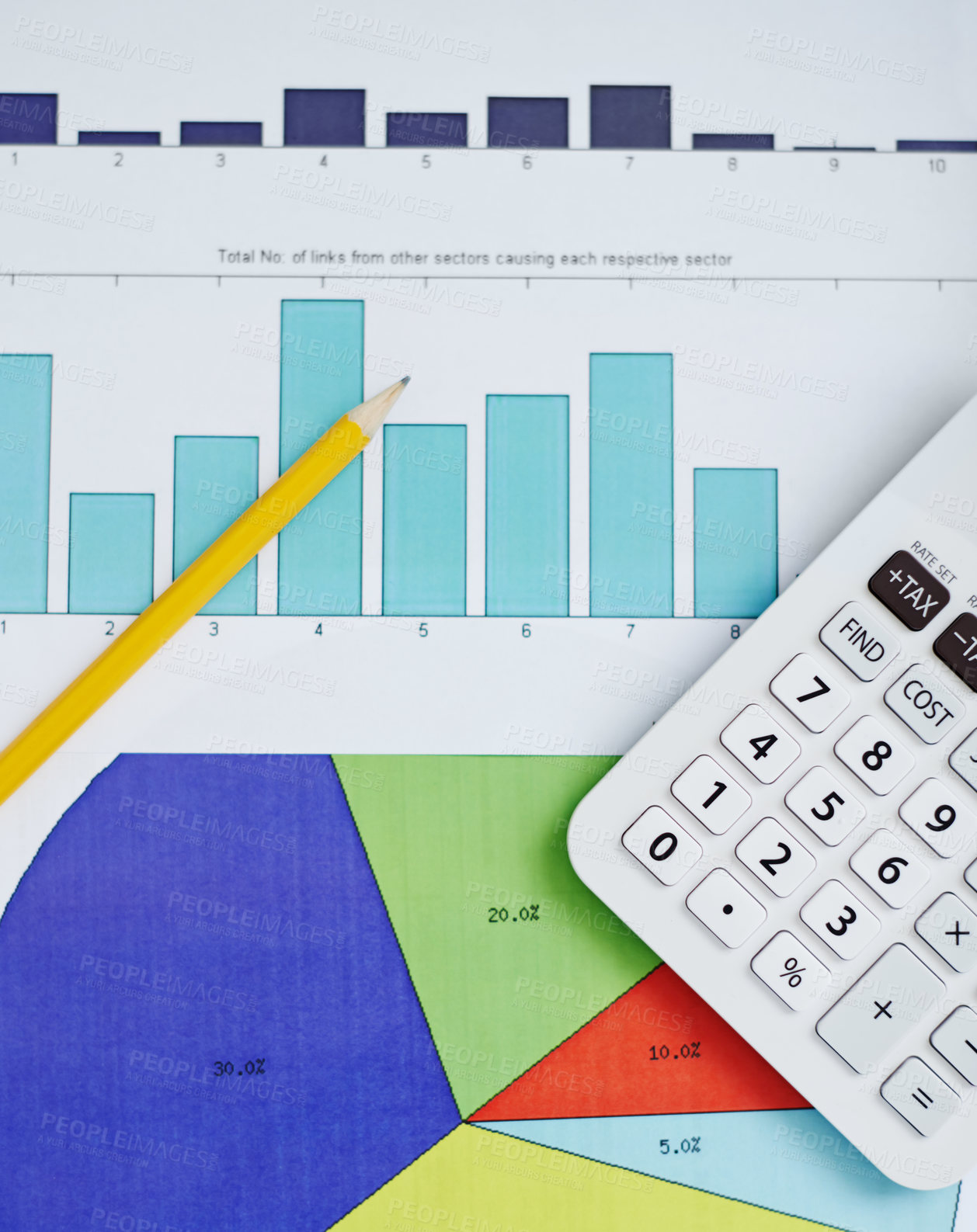 Buy stock photo Statistics, calculator and documents or background for data analytics, financial review and planning of revenue, profit or sales. Pie chart, graphs and charts or numbers in accounting, math or budget