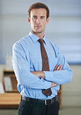 Buy stock photo Portrait, serious and business man with arms crossed, pride in corporate career and employee in office. Face, confident professional consultant and entrepreneur working at a company in Australia