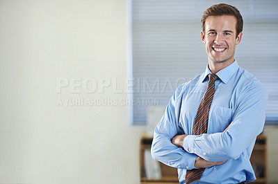 Buy stock photo Portrait, happy and business man with arms crossed, pride in corporate career and mockup space in office. Face, confident professional consultant and entrepreneur working at a company in Australia