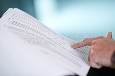 Buy stock photo Hand, pointing at documents and numbers for finance, investment or business profit in corporate office. Accounting, person and paperwork for asset management, figures and reading stocks at workplace