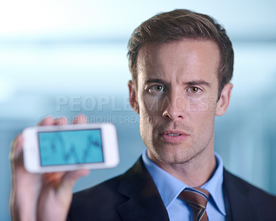 Buy stock photo Business man, phone screen and statistics, data analytics or lines for financial report, revenue or stock market. Portrait of corporate accountant or trader with mobile app, trading or online sales