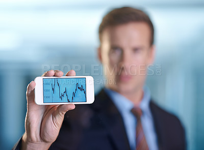 Buy stock photo Business man, phone screen and graphs, data analytics or stats for financial report, revenue or stock market. Hand of corporate accountant or trader with mobile app for trading, pattern and sales
