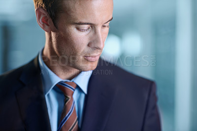 Buy stock photo Business man, face and professional in office for corporate career or job in company workplace. Entrepreneur, young agent and serious employee, worker in suit and confident consultant thinking alone