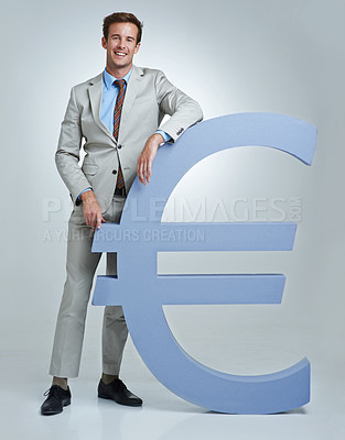 Buy stock photo Portrait, Euro currency symbol and man with business, finance and investor on a grey studio background. Person, employee and model with accountant, trader and stock market with economy, emoji or icon