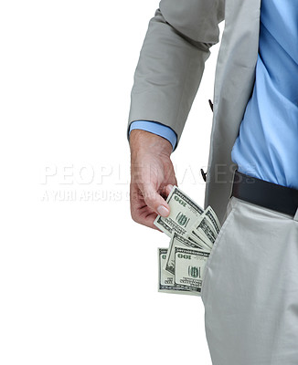 Buy stock photo Corporate hands, money and pocket for payment, trade or bribe with investment deal in studio. Business person with financial crime with profit, bonus or cash offer for secret on a white background