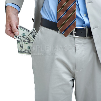 Buy stock photo Business hands, money and pocket for payment, trade or bribe with investment deal in studio. Corporate person with financial crime, scam or corruption and cash offer for secret on a white background