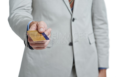 Buy stock photo Corporate hands, credit card and studio for payment offer, fintech and professional investment, shopping or commerce. Business person with debit, finance and wealth for banking on a white background