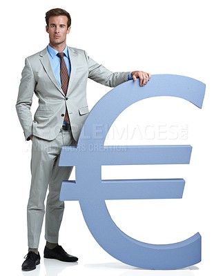Buy stock photo Portrait, Euro currency icon and man with investment, finance or investor isolated on white studio background. Person, employee or model with accountant, trader or stock market with economy or symbol