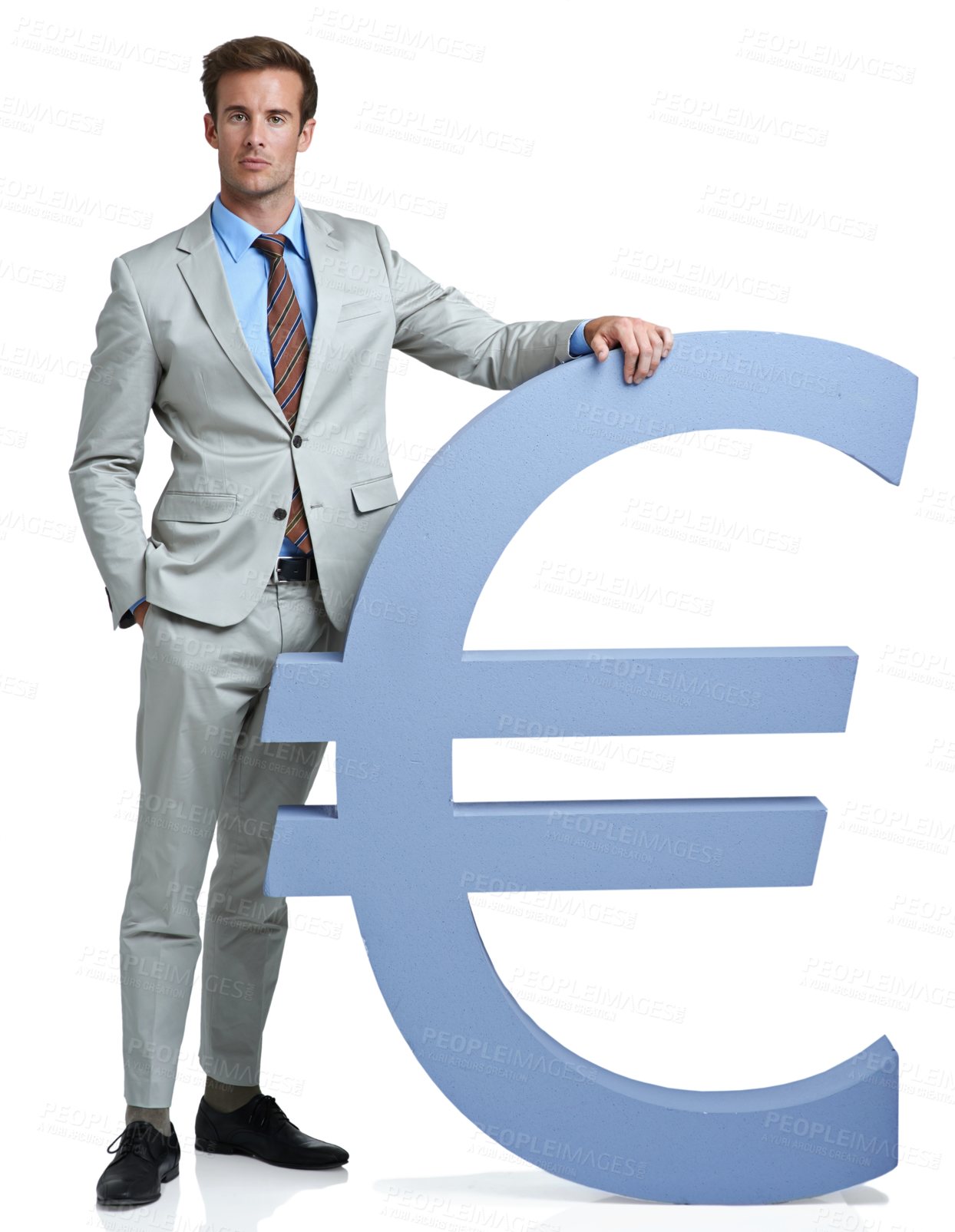 Buy stock photo Portrait, Euro currency icon and man with investment, finance or investor isolated on white studio background. Person, employee or model with accountant, trader or stock market with economy or symbol