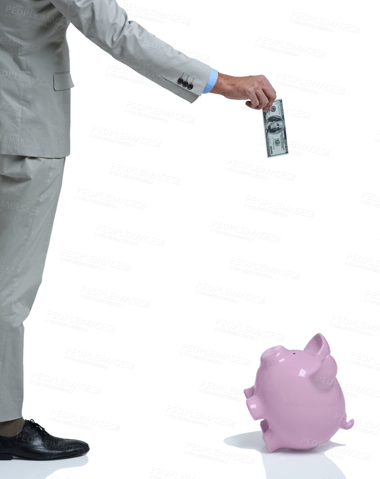 Buy stock photo Businessperson, finance and piggy bank for investing paper, income and studio by white background. Professional, paper and money box for future, planning and cash in container, savings and security