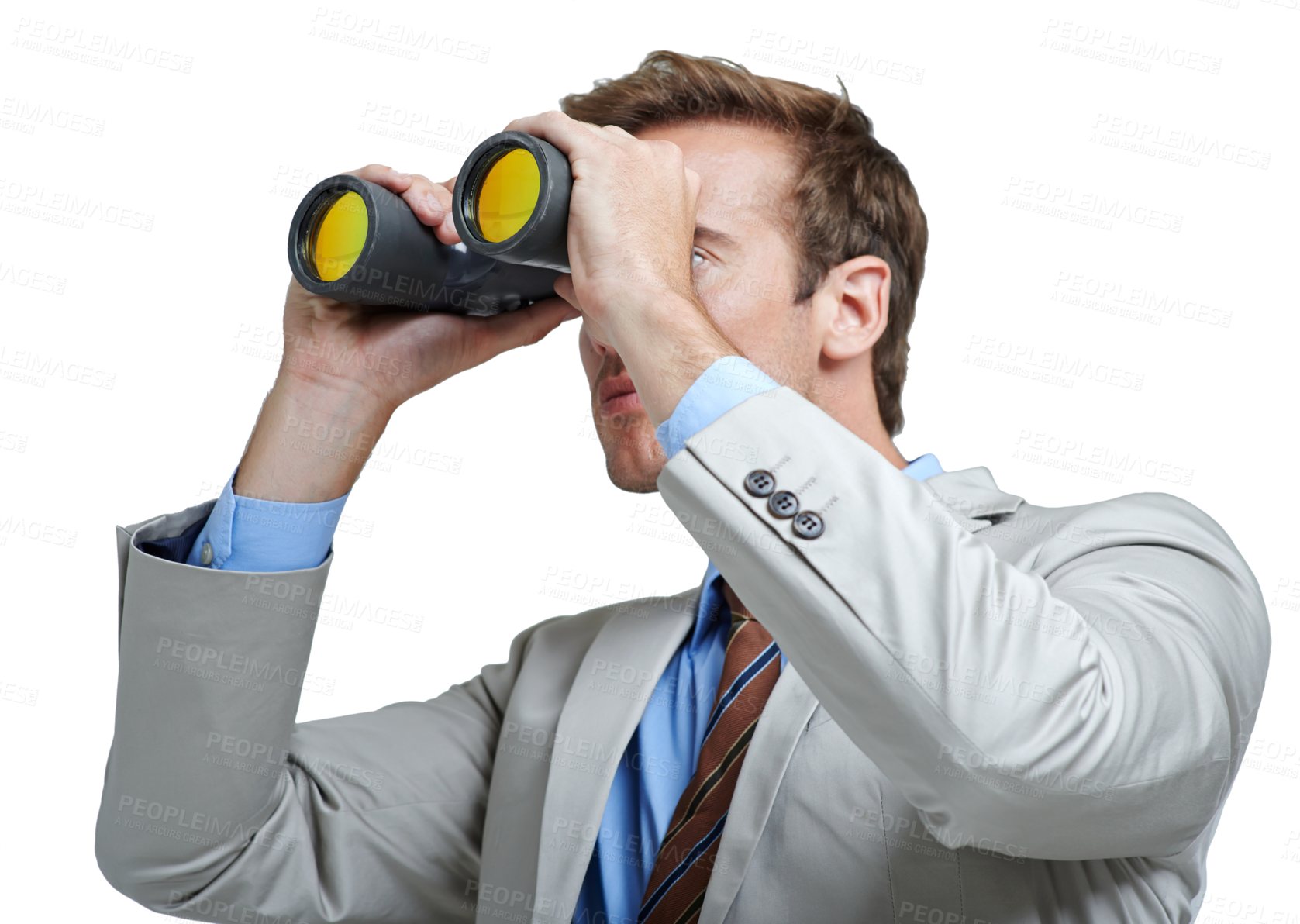 Buy stock photo Business man, binoculars and spy to search for opportunity, future vision and monitor isolated on a white studio background. Telescope, professional lens and worker watch for perspective strategy