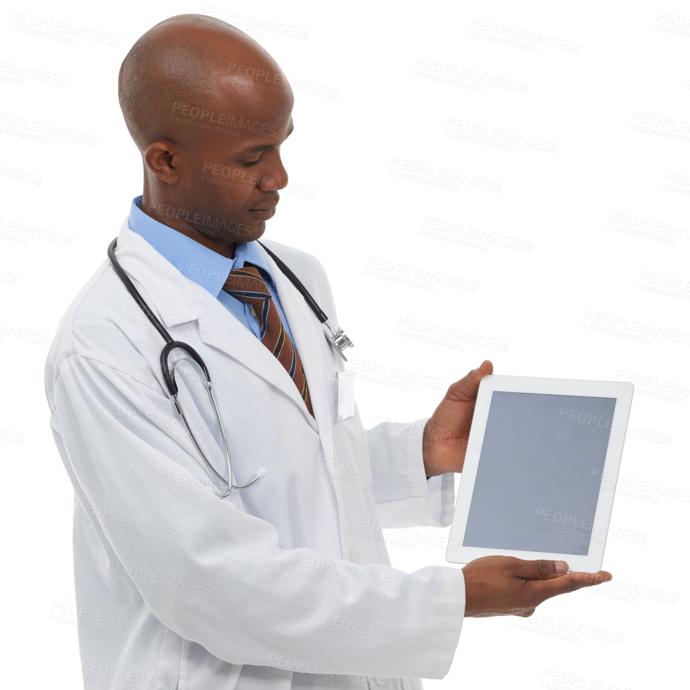 Buy stock photo Doctor, man or screen of tablet in studio for advertising medical information, newsletter or telehealth feedback on white background. African healthcare worker, digital mockup  or presentation of ads