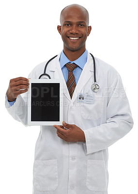 Buy stock photo Happy doctor, portrait and screen of tablet in studio for advertising medical information, newsletter or telehealth on white background. Black man, healthcare worker and presentation of digital space