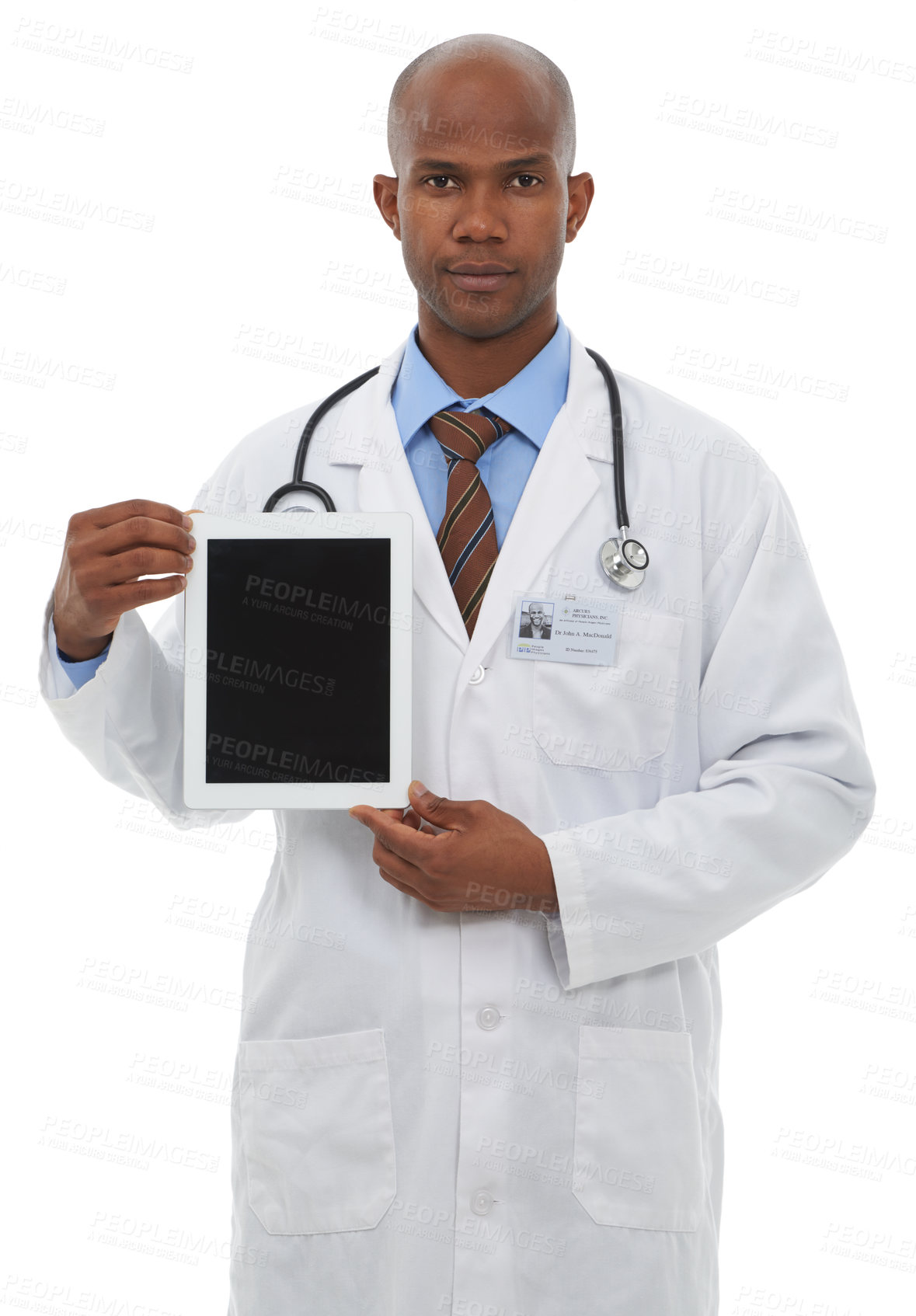 Buy stock photo Doctor, portrait and screen of tablet in studio for advertising medical information, newsletter and telehealth app on white background. Black man, healthcare worker and presentation of digital space