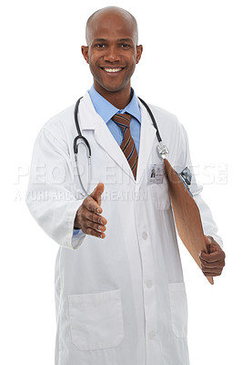 Buy stock photo Doctor, black man and handshake, clipboard and portrait with support, intro and advice for health insurance. Kindness, respect and trust in medicine, happy medical professional on white background