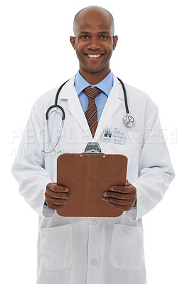 Buy stock photo Happy man, portrait or doctor in studio with clipboard, admin notes or healthcare information on white background. African medical worker, paperwork and insurance report, planning checklist or script