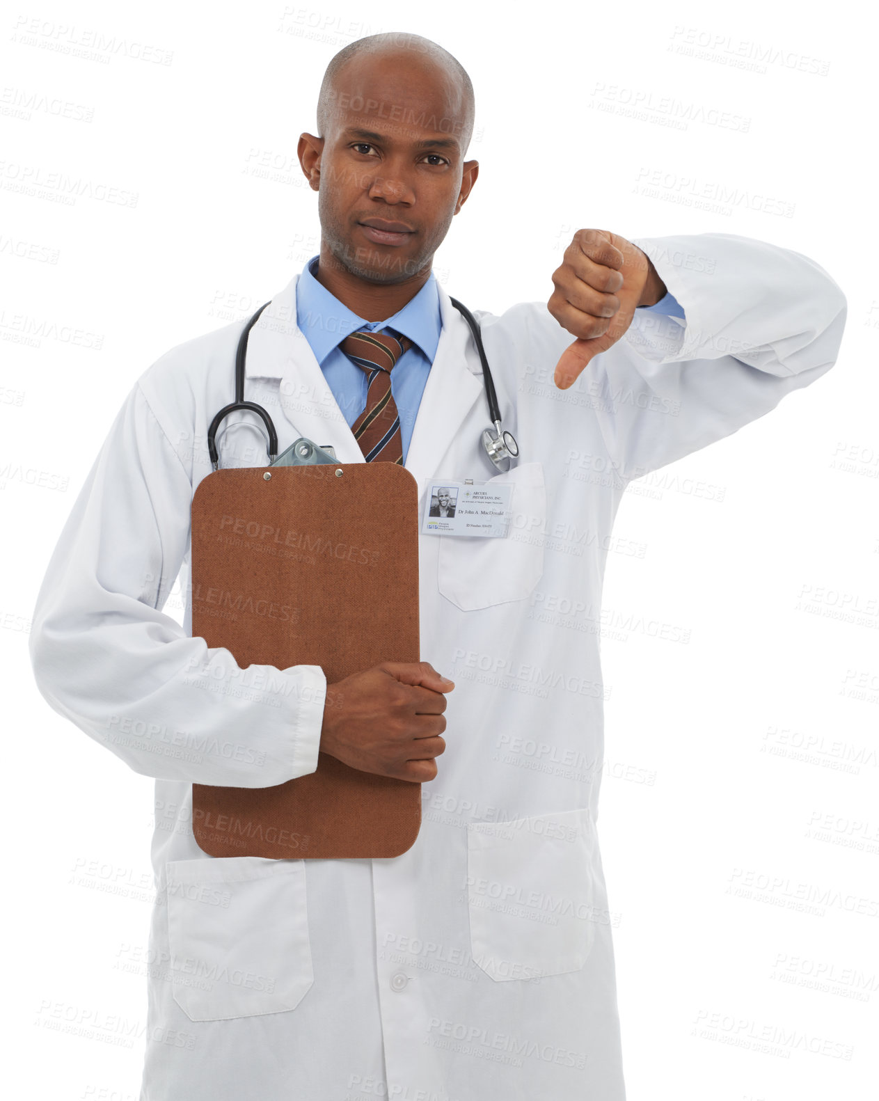 Buy stock photo Studio, black man and portrait of doctor with thumbs down for bad medical results, medicine report or disagreement vote. Clipboard, no emoji icon or surgeon with negative feedback on white background