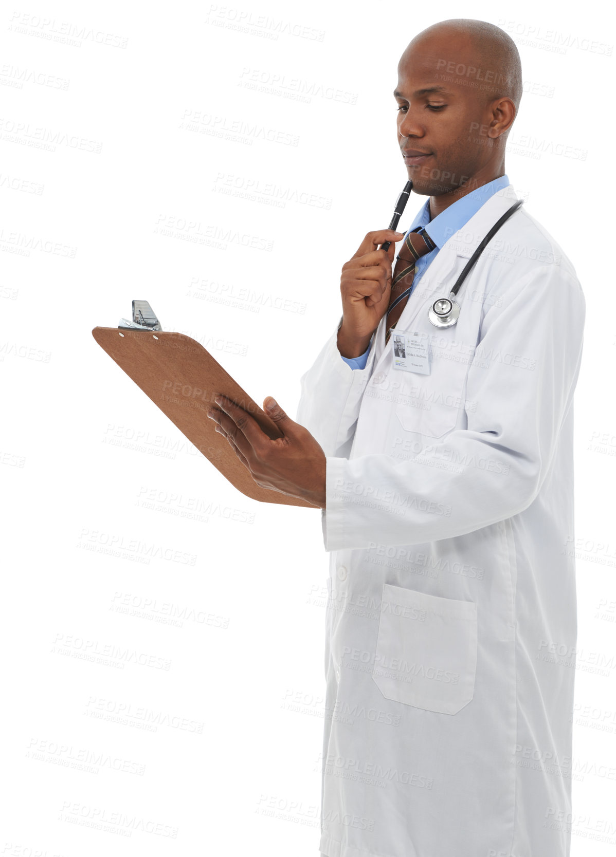 Buy stock photo Healthcare, clipboard and man doctor thinking in studio with paper, form or surgery schedule on white background. Medical, documents and health expert with admin for hospital compliance or insurance