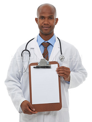 Buy stock photo Portrait, healthcare and man doctor with clipboard, paper or form offer in studio on white background. Medical, mockup and face of male medic with poster for insurance, sign up or hospital compliance