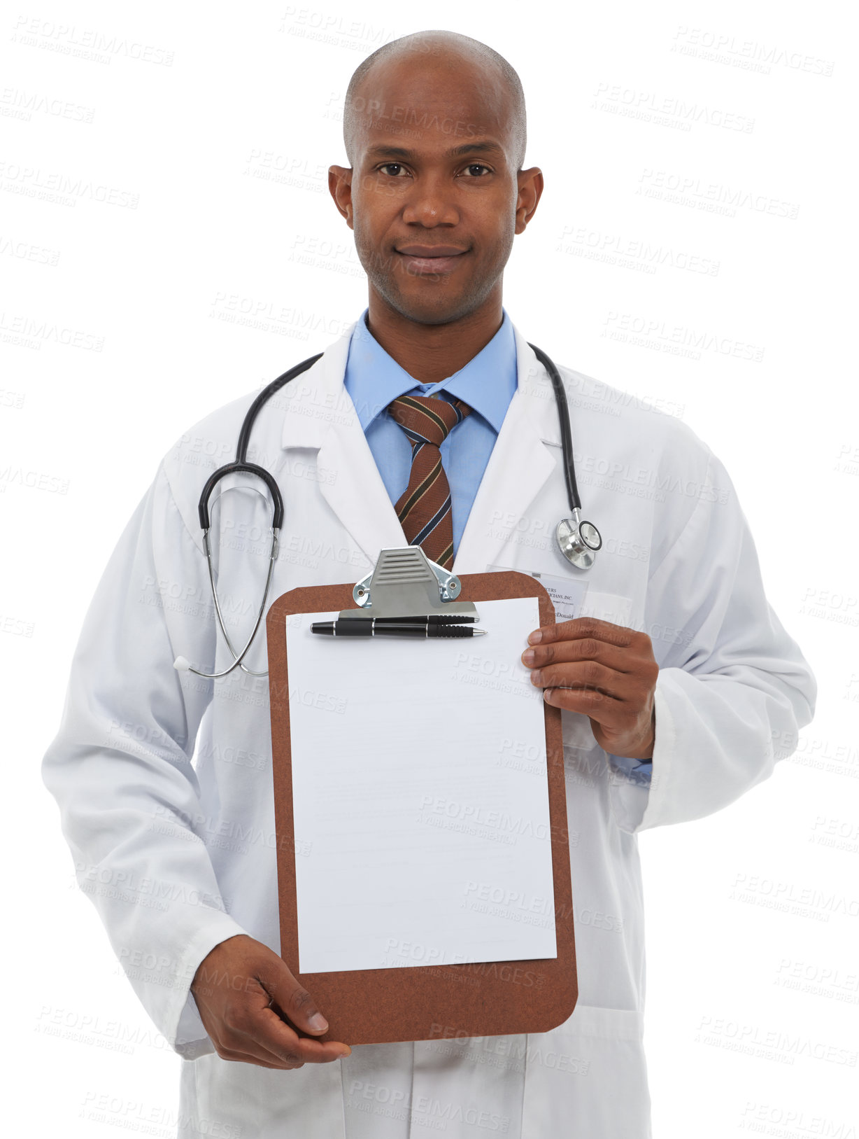 Buy stock photo Portrait, healthcare and man doctor with clipboard, paper or form offer in studio on white background. Medical, mockup and face of male medic with poster for insurance, sign up or hospital compliance