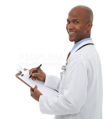 Buy stock photo Clipboard, black man and portrait of happy doctor writing medical prescription, medicine report or healthcare information. Hospital services, clinic paperwork and studio surgeon on white background