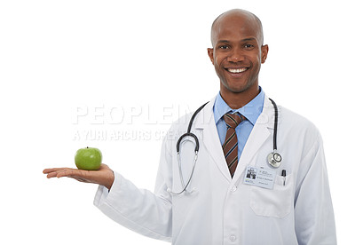 Buy stock photo Doctor, palm and portrait of black man with apple for weight loss diet, nutrition or antioxidants benefits. Studio, healthy food and African healthcare worker with fresh fruits on white background