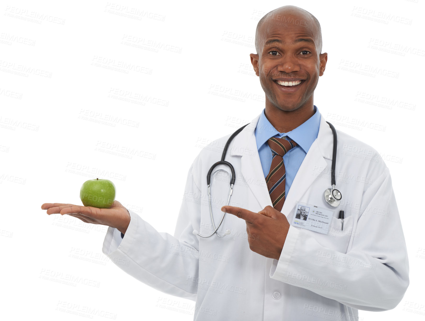 Buy stock photo Portrait, black man and doctor point at apple presentation for weight loss diet, nutrition or antioxidants benefits. Studio food, palm and African dietician with fresh fruits on white background