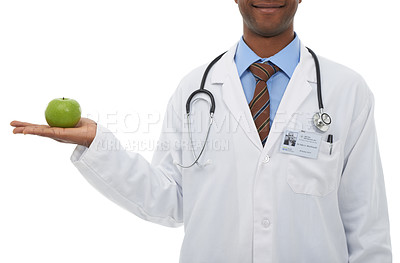 Buy stock photo Apple, doctor and studio person with palm gesture for wellness diet, healthcare nutrition or vitamin c benefits. Organic fruits, vegan food and nurse with health recommendation on white background
