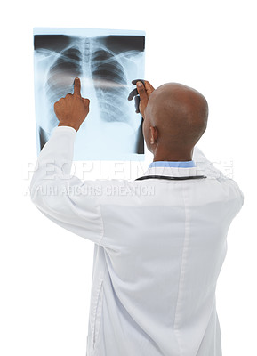 Buy stock photo Doctor, xray scan and person review MRI results for lung evaluation, clinic test or medical exam. Studio, health support and back of radiologist problem solving anatomy assessment on white background