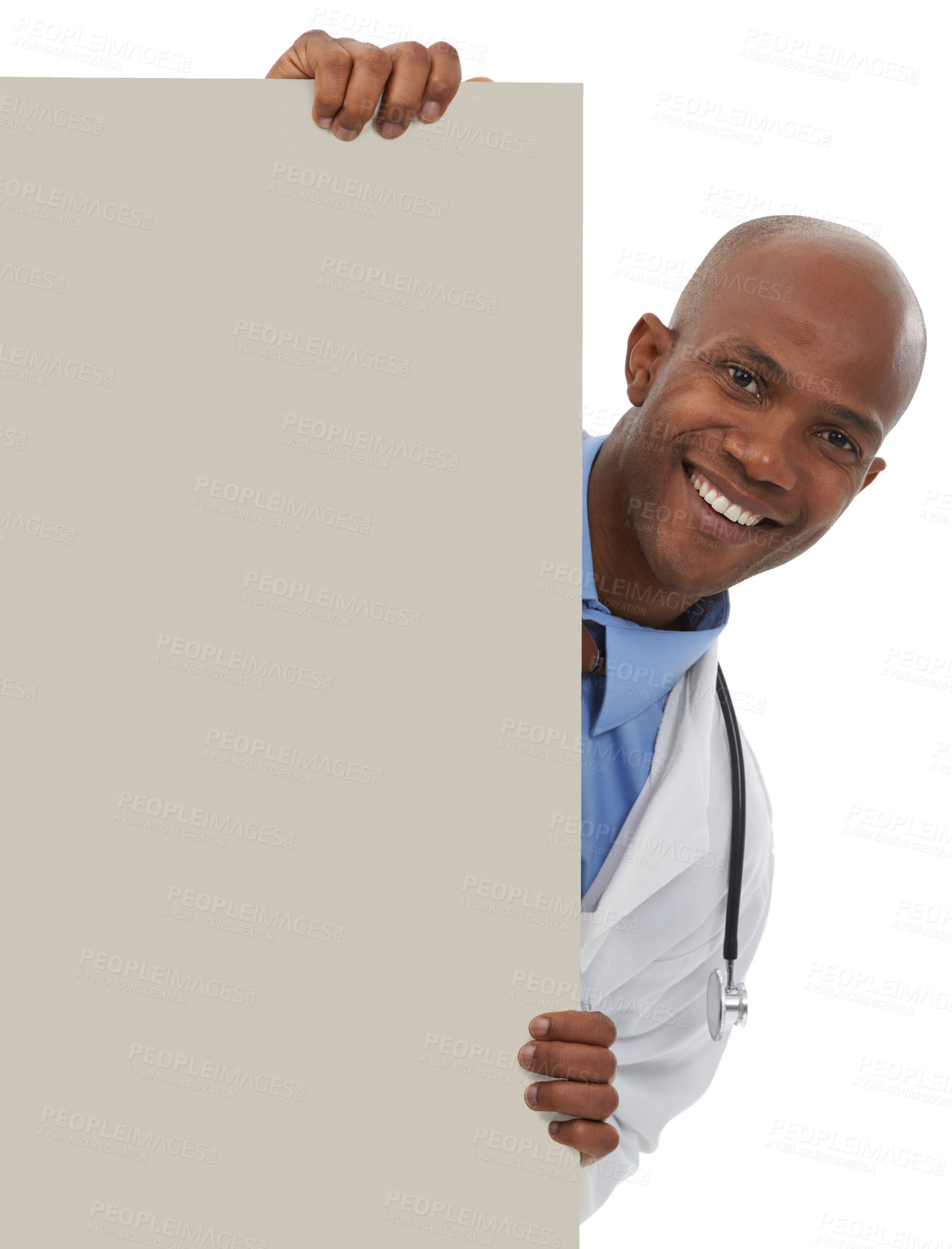 Buy stock photo Doctor, poster and portrait of happy black man with commercial info, hospital notification or clinic services. Mockup space, billboard and African nurse with studio presentation on white background