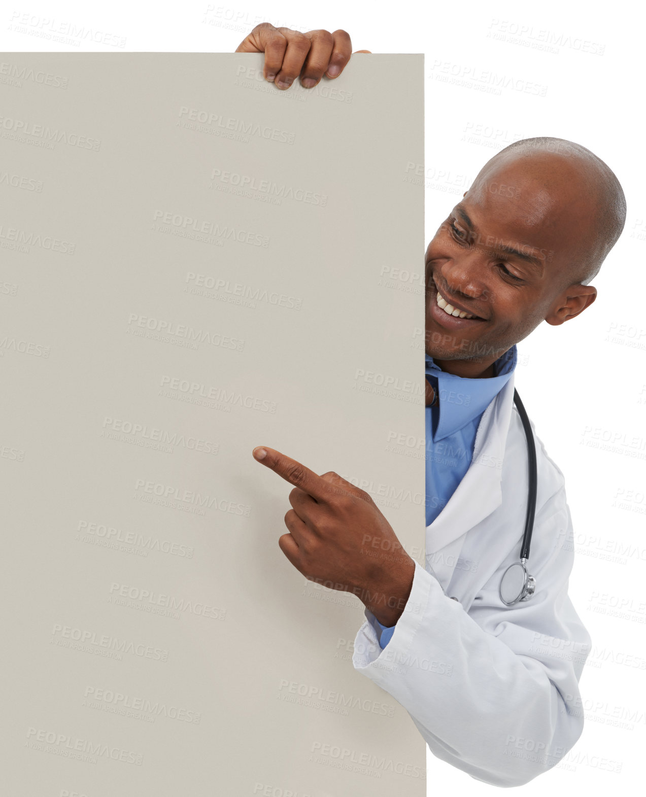 Buy stock photo Doctor, poster and happy black man point at clinic promo, hospital notification or service announcement. Mockup studio space, healthcare sign and African surgeon with blank banner on white background