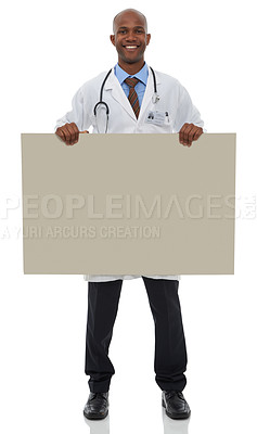 Buy stock photo Placard, black man and portrait of doctor smile for poster mockup, hospital services or healthcare medicine. Studio space, cardboard signage and African surgeon for medical choice on white background