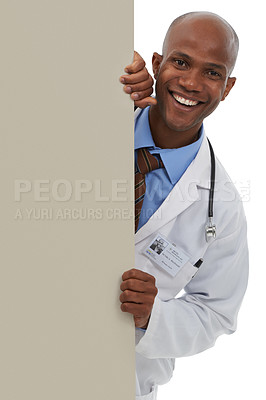 Buy stock photo Billboard, black man and portrait of doctor smile for commercial, hospital promo or medicine coming soon. Mockup studio space, happiness and African surgeon with medical discount on white background