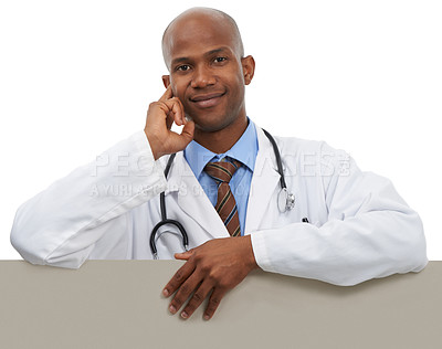 Buy stock photo Studio, black man and portrait of doctor with placard announcement for clinic choice, hospital service or health information. Studio space, mockup banner or medic with sign poster on white background