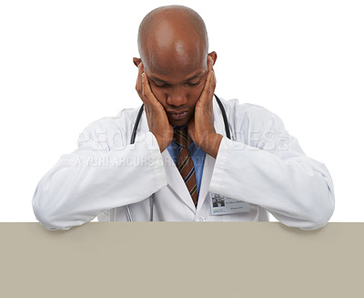 Buy stock photo Medicine problem, black man and doctor with placard announcement of clinic crisis, hospital disaster or healthcare  fail. Studio space, mockup banner or medic sad over bad mistake on white background