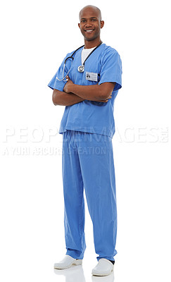 Buy stock photo Studio shot of a young african doctor with his arms crossed