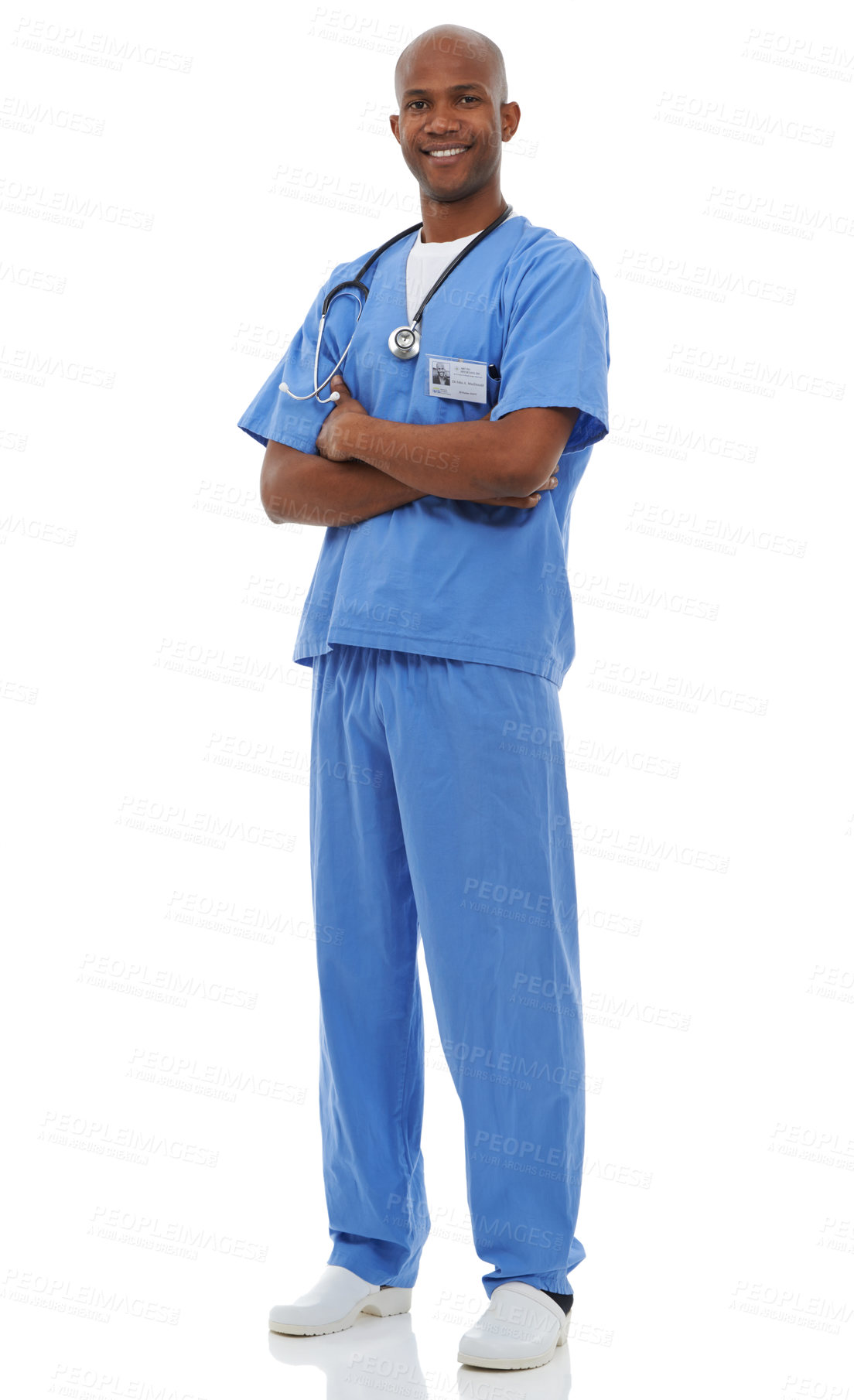 Buy stock photo Studio shot of a young african doctor with his arms crossed