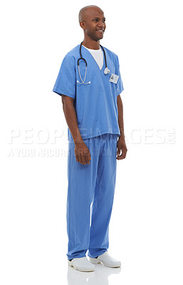 Buy stock photo Smile, healthcare and African man doctor in studio for help, guidance or assistance on white background. Medical, consulting and male nurse at hospital for surgery, internship or career goal