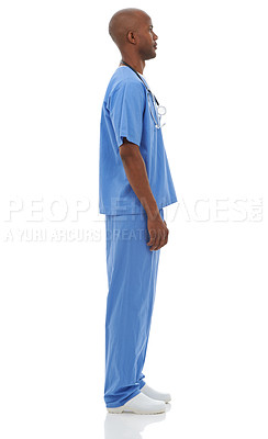 Buy stock photo Profile, man and doctor with uniform, healthcare and career isolated on a white studio background. African person, model and surgeon with professional, medical and nurse with confidence and employee